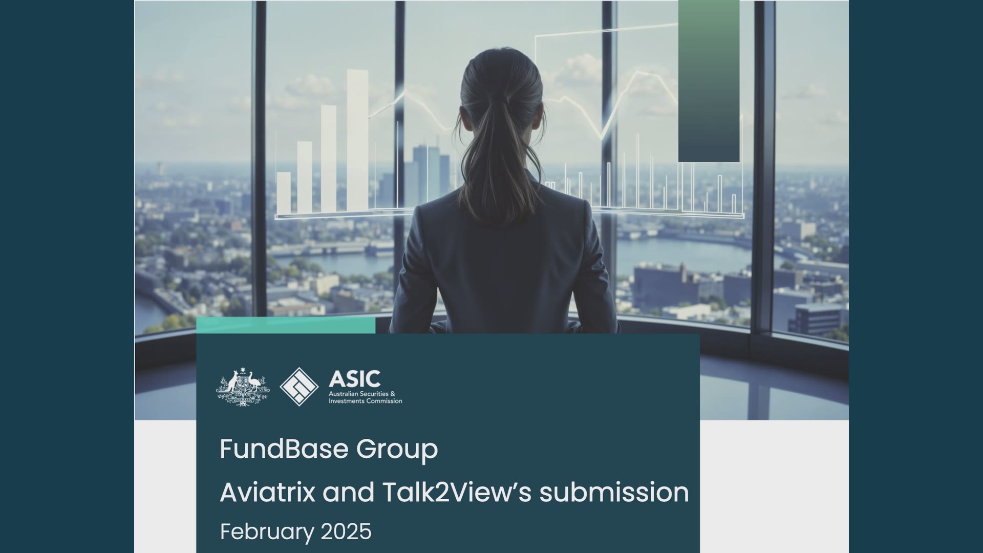 Cover page of the FundBase Group, Aviatrix and Talk2View joint submission to ASIC, February 2025 — a figure in a suit overlooking a city skyline with rising chart overlays