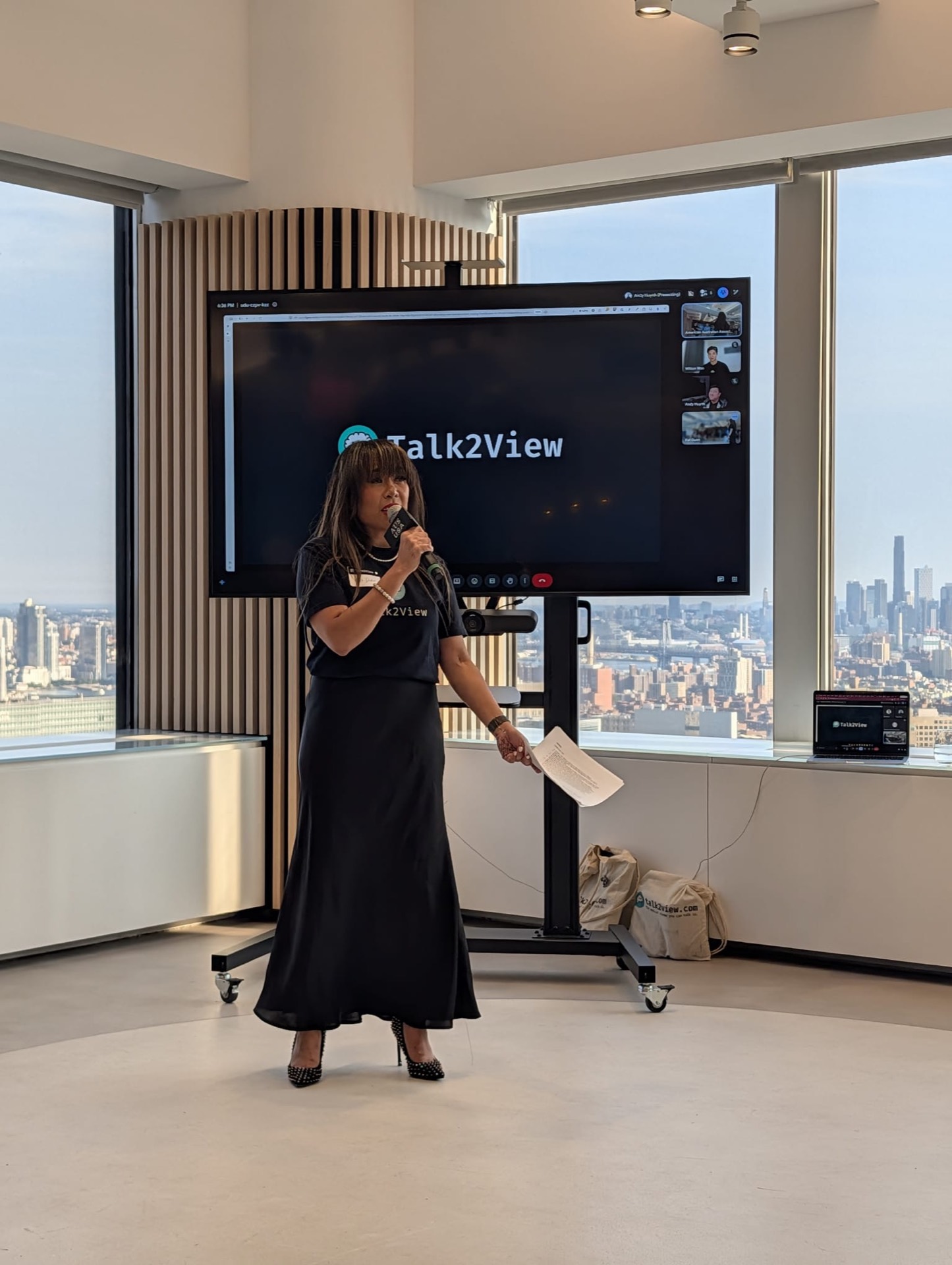 Co-founder and CEO Kat Dunn opening the T2Board launch night, with co-founder and CTO Andy Huynh and co-founder and COO Wilson Wan joining live from Perth on screen