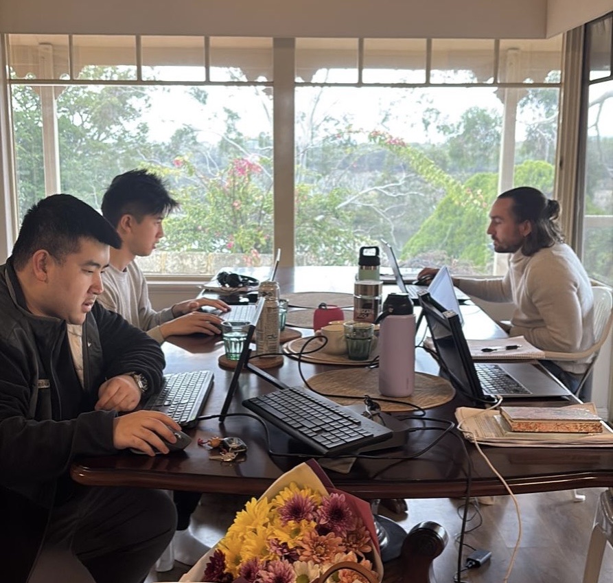 My co-founders, mid-build — Andy Huynh (CTO) and Wilson Wan (COO/CFO) on the left, Ben Zwick (CSO) on the right.
