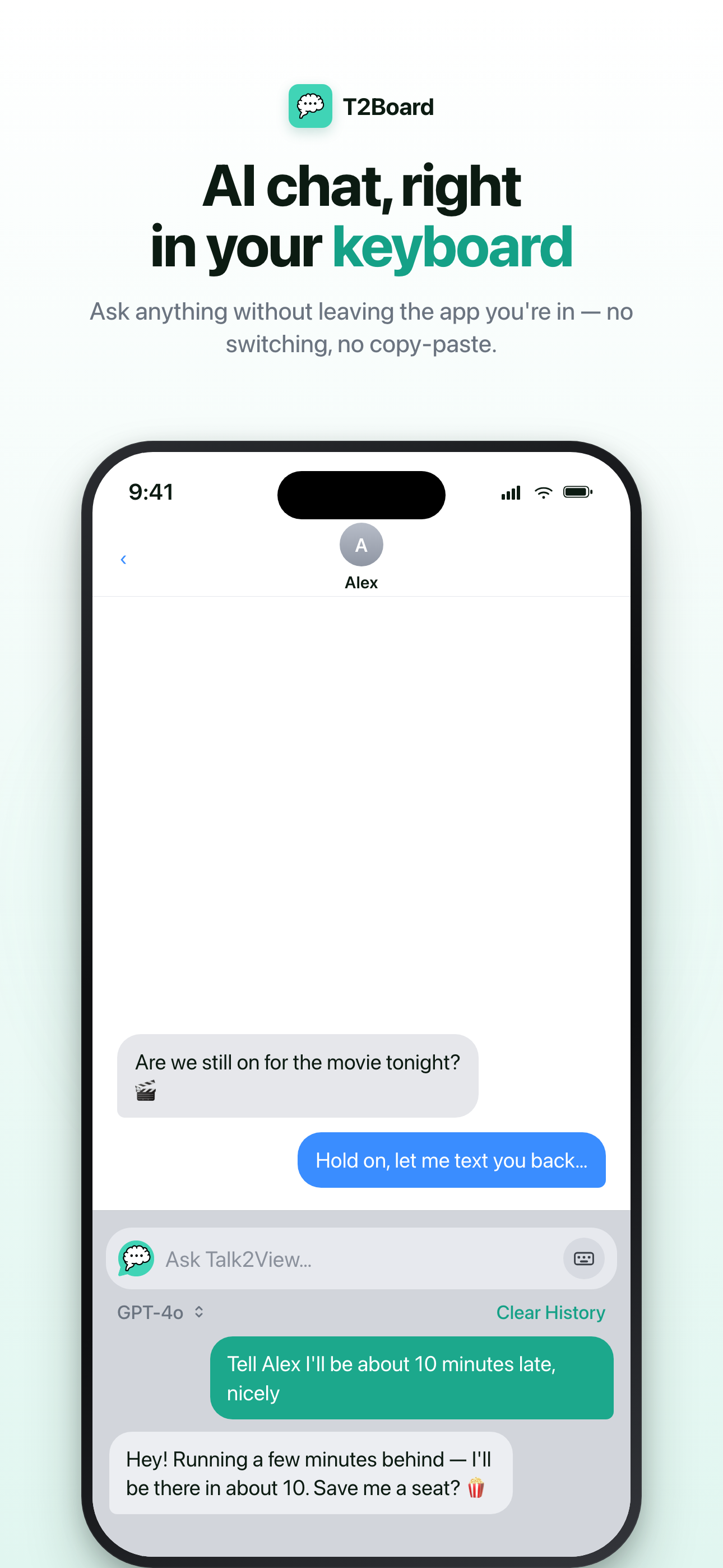T2Board's keyboard panel showing an AI-drafted reply while the user is in a Messages thread