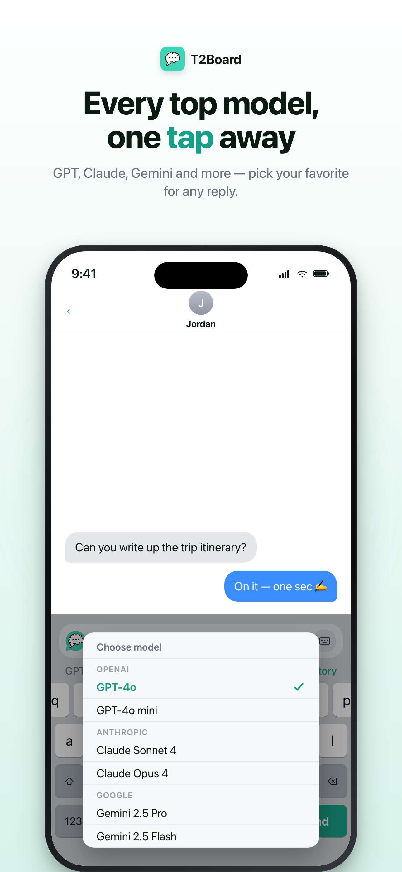 Choosing an AI model from the T2Board model picker
