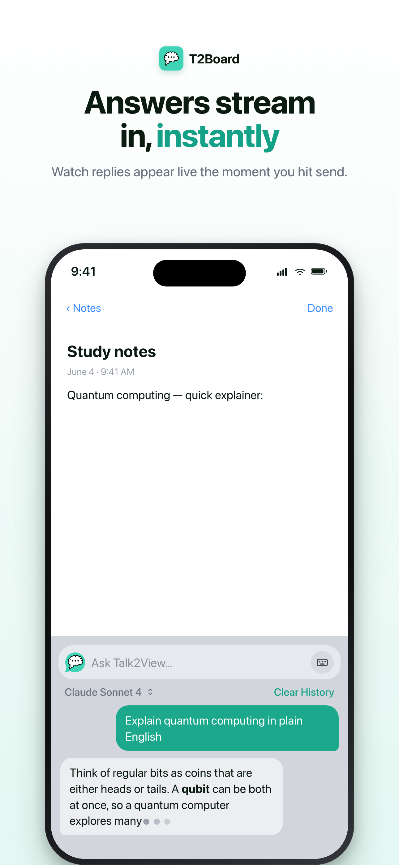 An AI answer streaming into the T2Board chat panel inside Notes