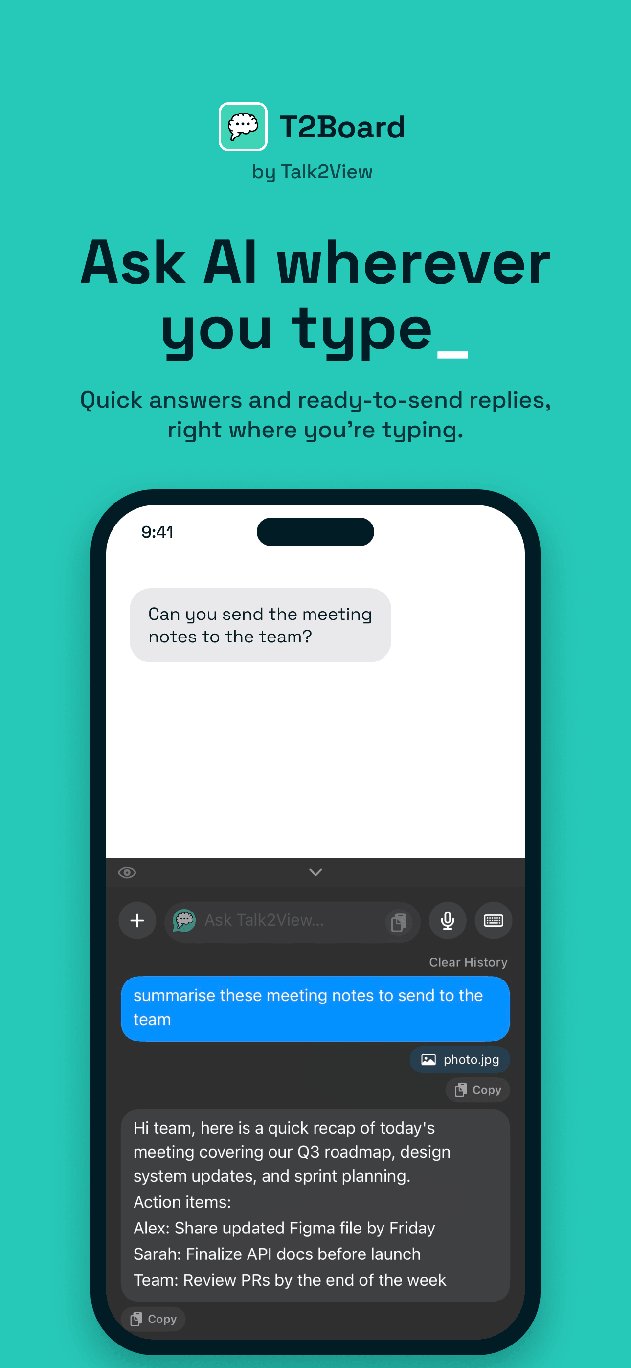 Ask AI wherever you type — meeting notes summarised into a ready-to-send reply without leaving Messages